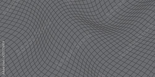 Abstract dark grey background with distorted grid lines. 3D distorted mesh wave optical illusion line pattern vector illustration design.