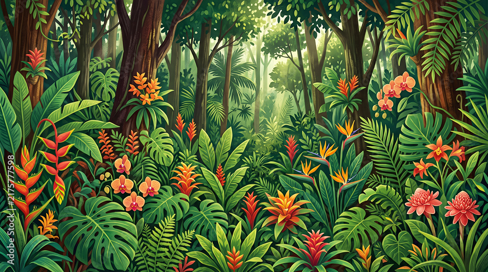 Obraz premium Lush tropical jungle with vibrant exotic flowers and dense foliage rainforest