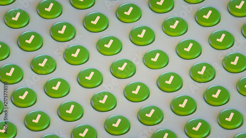 Pattern of Green Check Mark Buttons on Grey Surface 3D Render