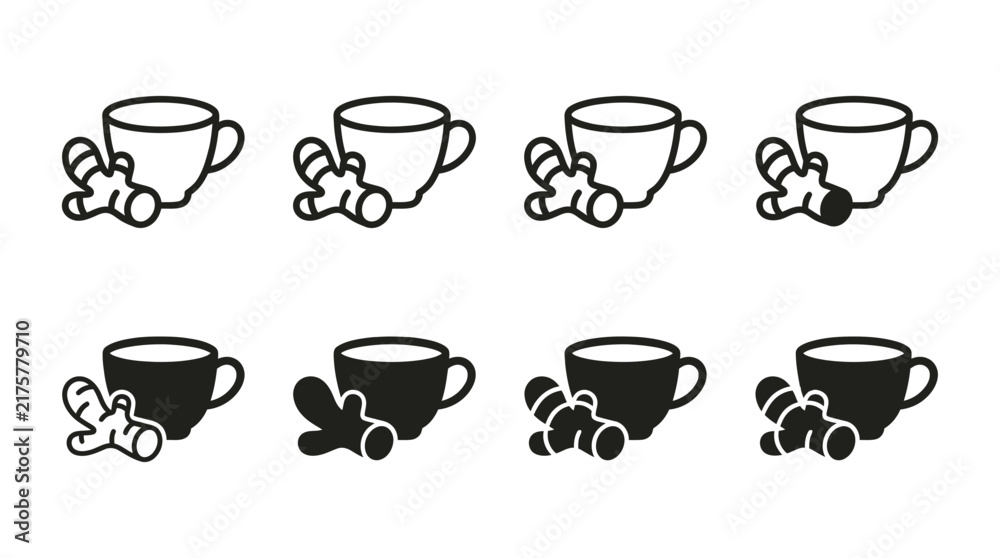 Obraz premium Ginger tea cup icons set in outline and solid vector design with ginger root hot beverage herbal drink outline style