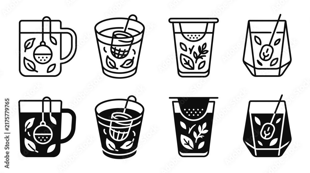 Fototapeta premium Set of black and white line icons representing tea cups mugs infusers with leaves tea cup mug icon tea infuser