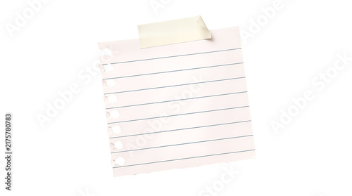 Quadro su tela Lined paper note with masking tape, torn notebook page on white background, blan