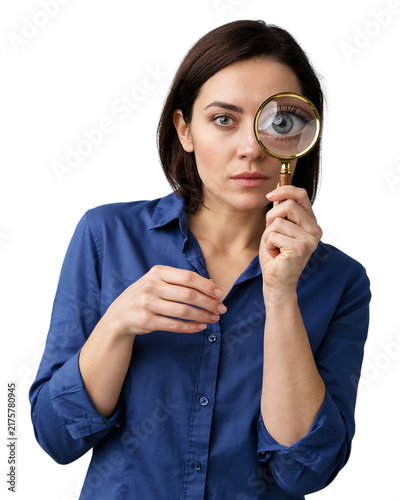 Woman looking through a magnifying glass isolated on white background with magnifying magnifier inspection investigation research discovery searching observing expression curiosity attention