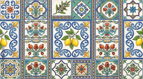 Mediterranean tile. Seamless pattern. Vector illustration of floral Italian tiles and mosaics, geometric ornament, Amalfi ceramics for background, fabric, packaging or