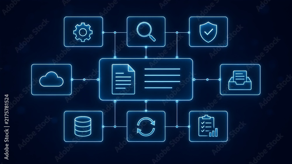 Fototapeta premium Centralized data governance architecture diagram showing interconnected neon icons for secure document management