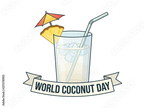 Tropical cocktail drink with pineapple wedge garnish and umbrella illustration