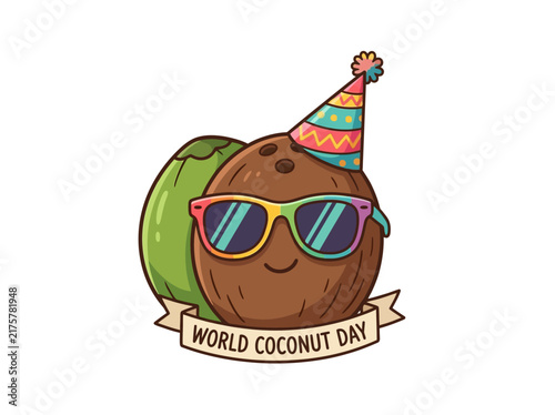 Cartoon coconut character wearing colorful sunglasses for summer theme