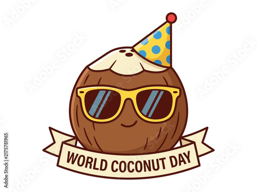 Cartoon coconut character wearing yellow sunglasses with a banner