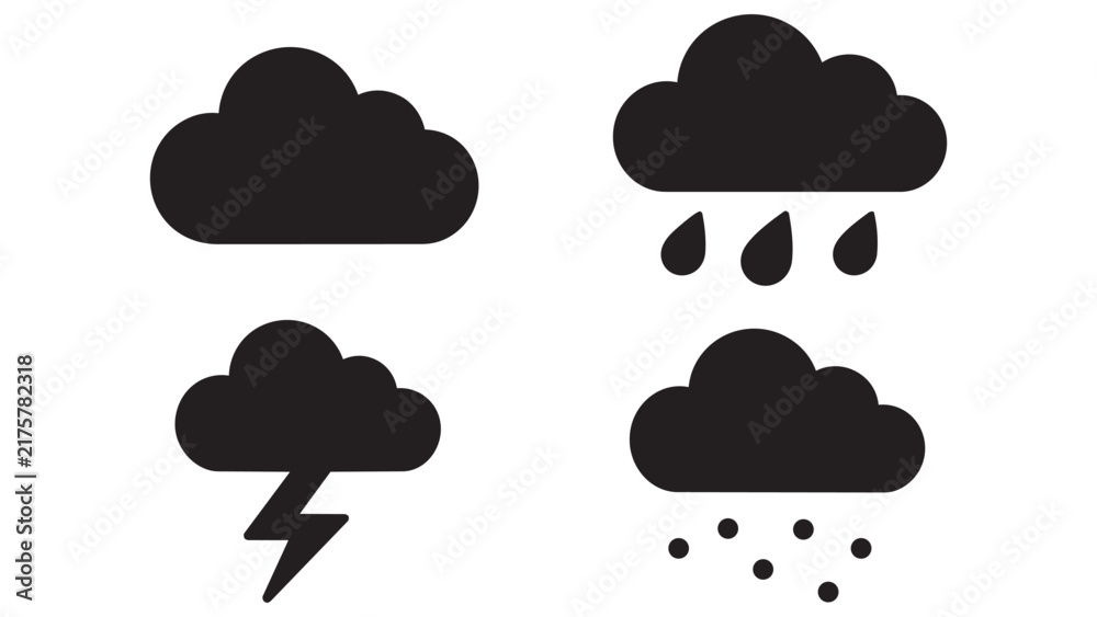 Obraz premium Four weather icons showing cloud, rain, storm, and snow