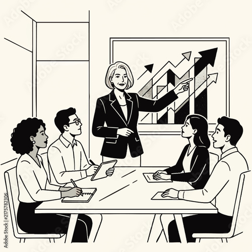 Professional business meeting presentation with upward trending graph, concept for corporate training, leadership development and team collaboration