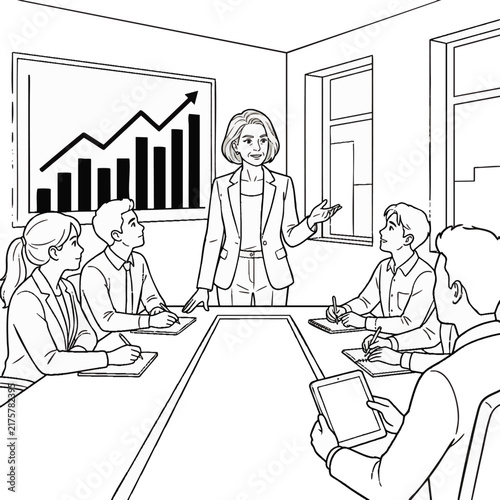 Professional business meeting in modern office with rising graph chart, concept for corporate strategy and team collaboration, use for presentations and leadership training