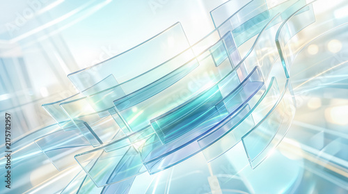 Abstract transparent glass curves floating dynamically across bright light blue background featuring overlapping shiny geometric panels reflecting gentle studio illumination showcasing reflections
