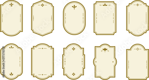 Blank elegant label templates with classic vintage frame and decorative flourishes. Retro badges for boutique branding, luxury product design premium wedding stationery.