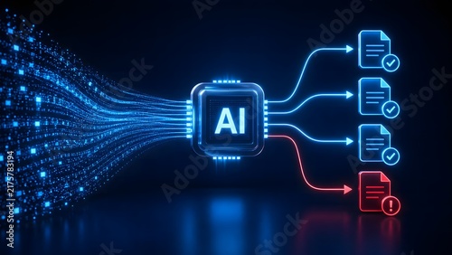 Plakat Artificial intelligence document processing and sorting concept with AI microchip distributing digital data streams to approved and rejected files