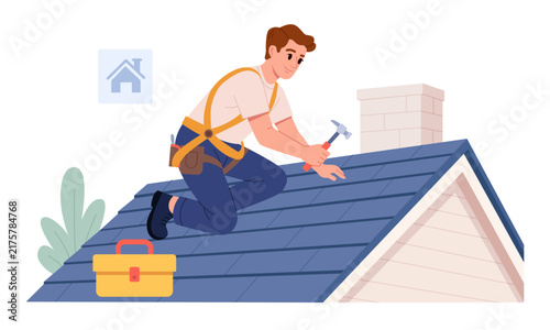 Modern Roofing Contractor Repairing Residential House Roof. Flat Vector Illustration.