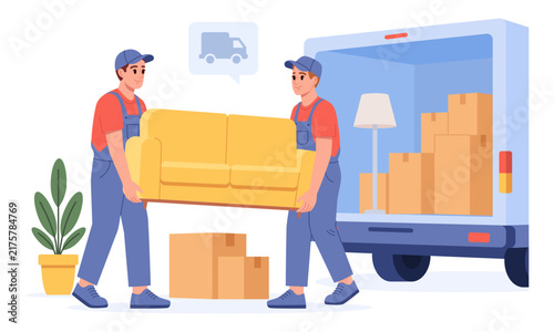 Professional Moving Company Transporting Furniture. Flat Vector Illustration.