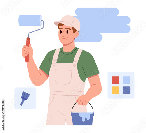 Professional House Painter with Paint Roller. Flat Vector Illustration.