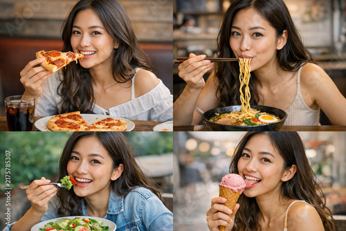 Young woman enjoys various delicious meals with joy. She savors pizza, noodles, salad, and ice cream. Each dish is presented with vibrant, appealing details. Her smile reflects happiness
