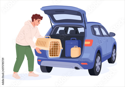 Man Loading a Cat in a Pet Carrier into a Car for Safe Travel. Flat Vector Illustration.
