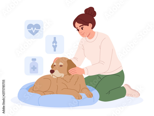 Woman Caring for Senior Dog at Home. Flat Vector Illustration.
