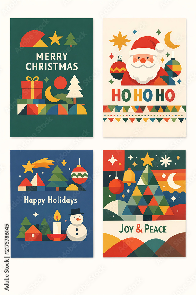 Fototapeta premium Christmas-themed cards with festive geometric designs. Santa Claus appears on one card with colorful ornaments. Stars, moons, and trees adorn the illustrations