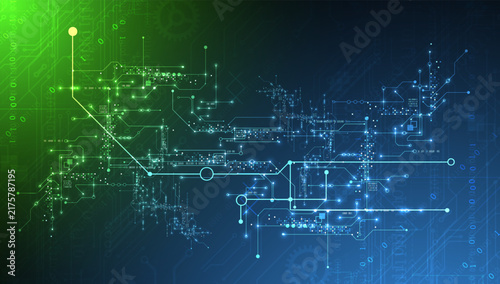 Abstract vector background of digital circuit board with glowing lines and binary code