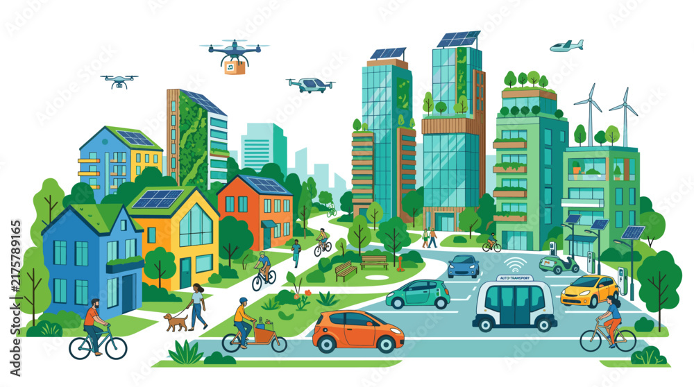 Obraz premium Futuristic green city skyline with autonomous vehicles, drones, and sustainable living.