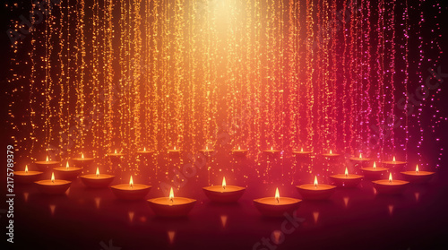 Abstract Diwali light background with glowing oil lamp and golden sparkle