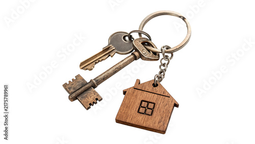 Canvastavla Metal keys with wooden house keychain trinket isolated on transparent background for real estate mortgage business