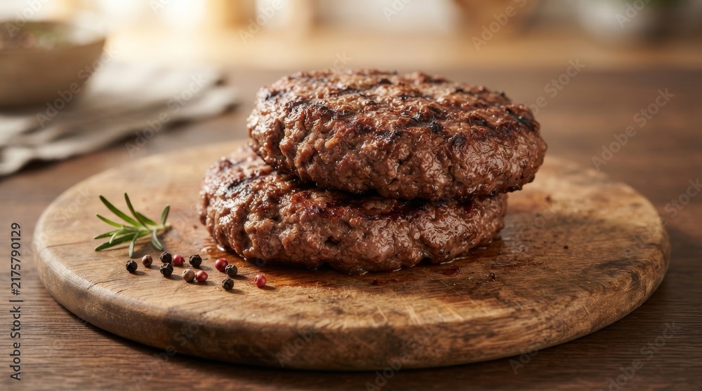 Fototapeta premium Juicy Grilled Beef Burger Patties on Wooden Board