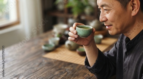 Traditional tea ceremony featuring a man holding a delicate celadon cup