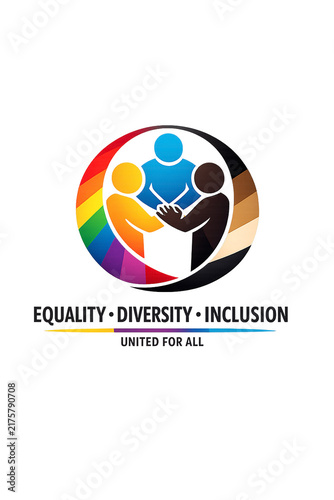 Colorful circle shows diverse human figures joining hands. Symbol represents unity, equality, and inclusion for all. Design features rainbow and earth tones. Message emphasizes shared humanity