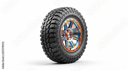 Foto Rugged off-road tire with deep tread, heavy duty truck wheel on white background