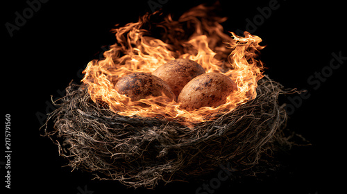 Bird nest containing brown eggs is consumed by intense orange flames