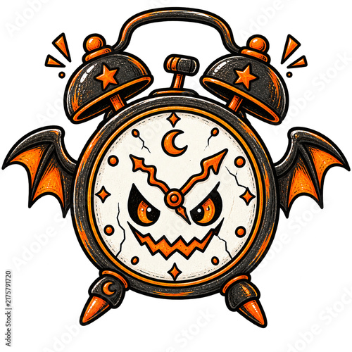 Canvas Print Halloween alarm clock with a jack o lantern face and bat wings vector illustrati