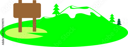Green Mountain Landscape with Wooden Signboard and Pine Trees