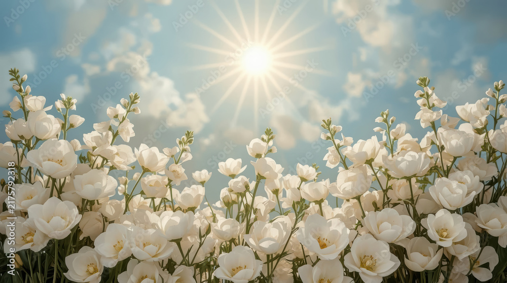 Obraz premium White flower meadow beneath radiant sunlit sky
