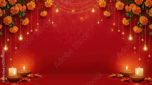 Marigold flower Diwali background with glowing candle and red decoration