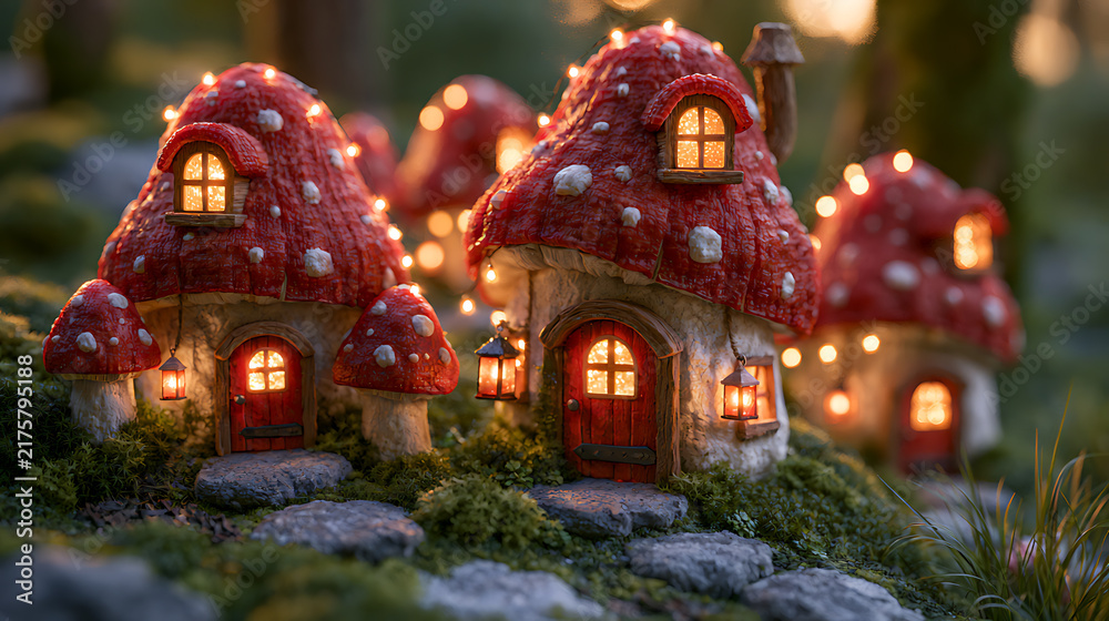 Fototapeta premium Miniature red toadstool houses with illuminated windows in a forest setting