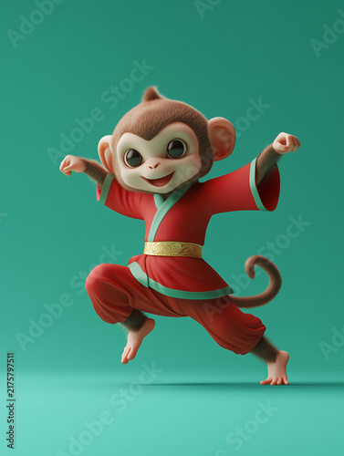 Cute monkey 3D illustration in traditional Chinese costume