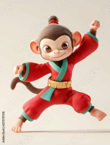 Cute monkey 3D illustration in traditional Chinese costume