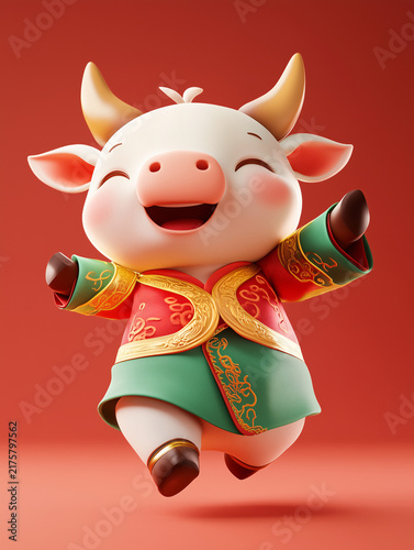 Cute ox 3D illustration in traditional Chinese costume