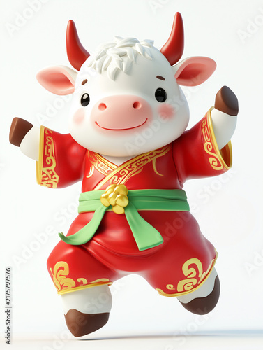 Cute ox 3D illustration in traditional Chinese costume