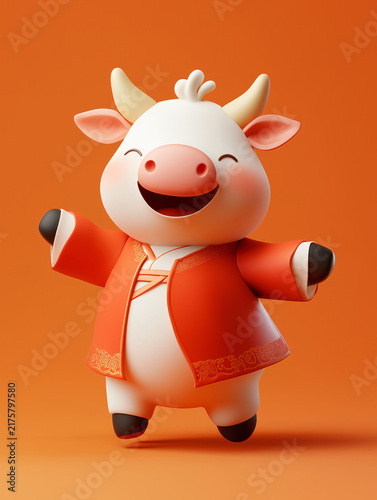Cute ox 3D illustration in traditional Chinese costume