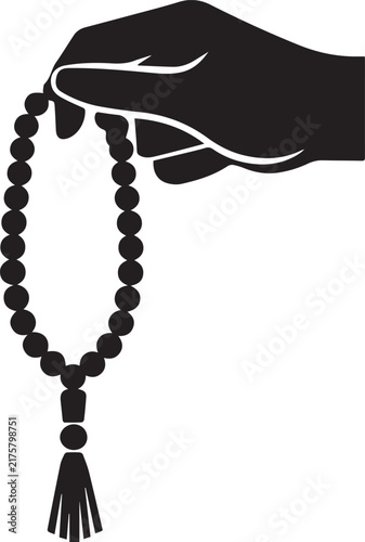 A hand holding islamic prayer beads for meditation and spiritual devotion presented in a clean black graphic silhouette