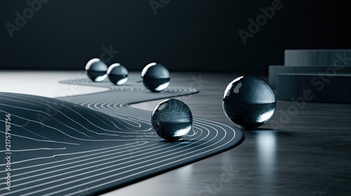 A minimalist digital render features several dark, reflective spheres on a textured grey surface with flowing lines and wave-like undulations.