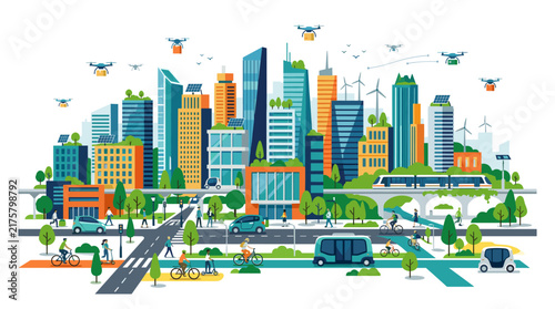 Futuristic Smart City with Drones, Green Buildings, and Sustainable Transport