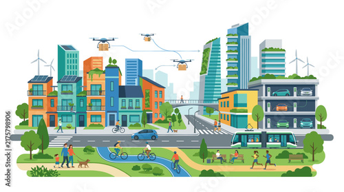 Futuristic Smart City with Drones, Green Buildings, and Sustainable Transport