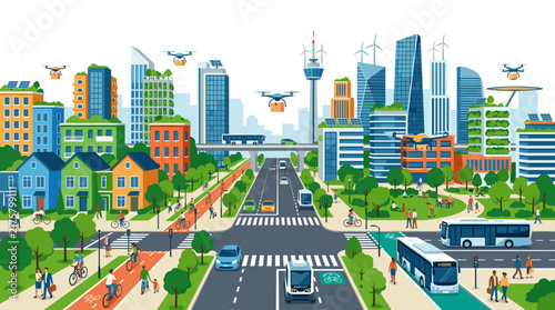 Futuristic Smart City with Drones, Green Buildings, Autonomous Cars and Public Transport