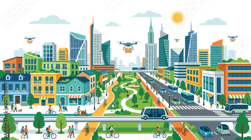 Futuristic Smart City with Drones, Green Spaces, and Eco-Friendly Transport